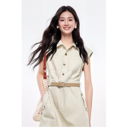 BY18416# 通勤百搭盖袖连衣裙夏季新款女时尚高腰翻领工装裙 服裝批發女裝批發服飾貨源