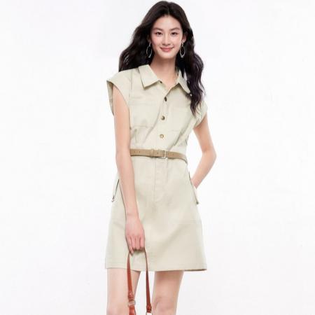 BY18416# 通勤百搭盖袖连衣裙夏季新款女时尚高腰翻领工装裙 服裝批發女裝批發服飾貨源