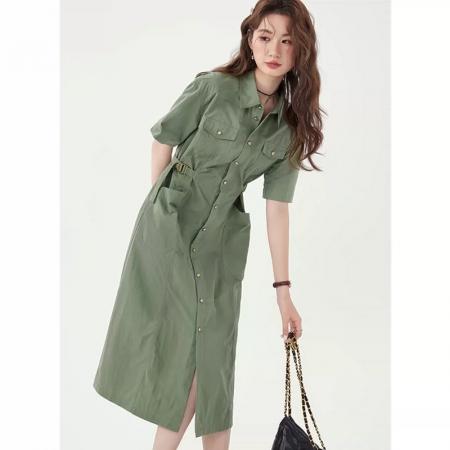 BY18417# 法式新款工装连衣裙衬衫夏季休闲收腰显瘦遮肉气质裙子 服裝批發女裝批發服飾貨源