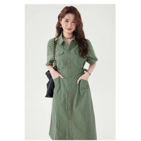 BY18417# 法式新款工装连衣裙衬衫夏季休闲收腰显瘦遮肉气质裙子 服裝批發女裝批發服飾貨源