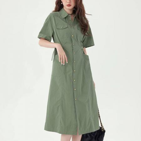 BY18417# 法式新款工装连衣裙衬衫夏季休闲收腰显瘦遮肉气质裙子 服裝批發女裝批發服飾貨源