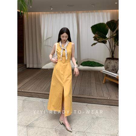 BY18418# 小个子黄色无袖连衣裙女夏季新款收腰V领开叉长裙 服裝批發女裝批發服飾貨源
