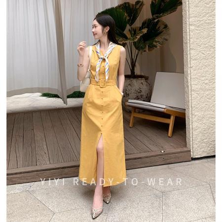 BY18418# 小个子黄色无袖连衣裙女夏季新款收腰V领开叉长裙 服裝批發女裝批發服飾貨源