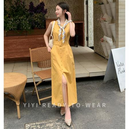 BY18418# 小个子黄色无袖连衣裙女夏季新款收腰V领开叉长裙 服裝批發女裝批發服飾貨源