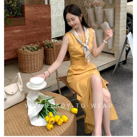 BY18418# 小个子黄色无袖连衣裙女夏季新款收腰V领开叉长裙 服裝批發女裝批發服飾貨源