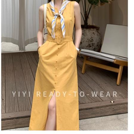BY18418# 小个子黄色无袖连衣裙女夏季新款收腰V领开叉长裙 服裝批發女裝批發服飾貨源