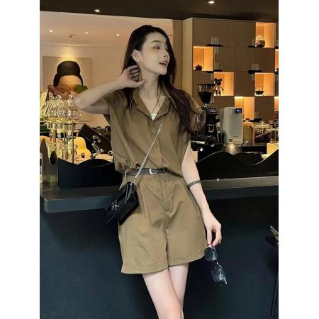 BY18419# 法式复古休闲衬衫上衣套装女高级感气质小个子工装短裤两件套夏季 服裝批發女裝批發服飾貨源