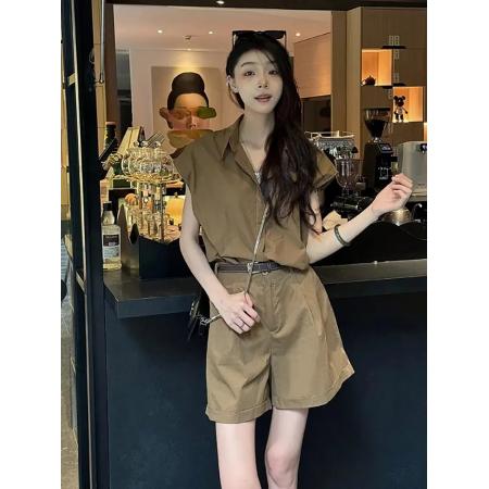 BY18419# 法式复古休闲衬衫上衣套装女高级感气质小个子工装短裤两件套夏季 服裝批發女裝批發服飾貨源