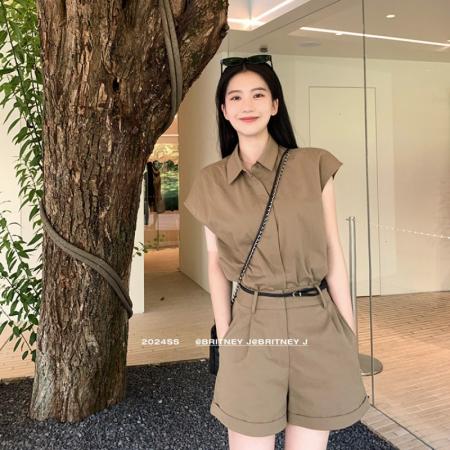 BY18419# 法式复古休闲衬衫上衣套装女高级感气质小个子工装短裤两件套夏季 服裝批發女裝批發服飾貨源