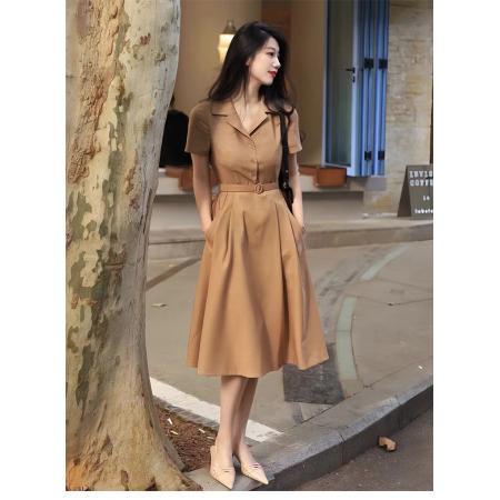 BY18420# 夏季新款高级感咖色短袖连衣裙气质收腰显瘦中长款大摆衬衫裙 服裝批發女裝批發服飾貨源