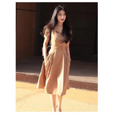 BY18420# 夏季新款高级感咖色短袖连衣裙气质收腰显瘦中长款大摆衬衫裙 服裝批發女裝批發服飾貨源