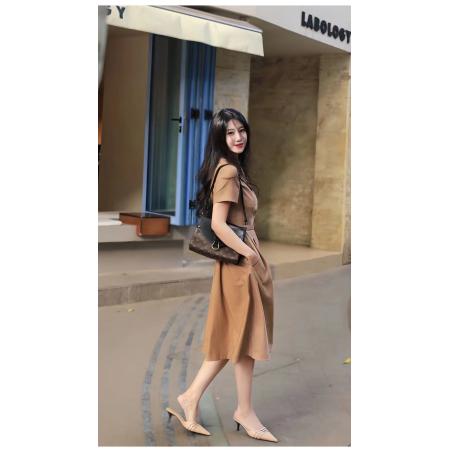 BY18420# 夏季新款高级感咖色短袖连衣裙气质收腰显瘦中长款大摆衬衫裙 服裝批發女裝批發服飾貨源