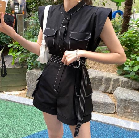 BY18422# 韩国chic夏季新款法式小众复古明线设计工装式连体裤女设计感短裤 服裝批發女裝批發服飾貨源