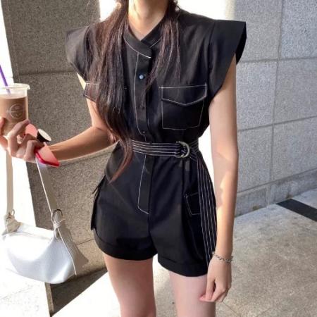 BY18422# 韩国chic夏季新款法式小众复古明线设计工装式连体裤女设计感短裤 服裝批發女裝批發服飾貨源