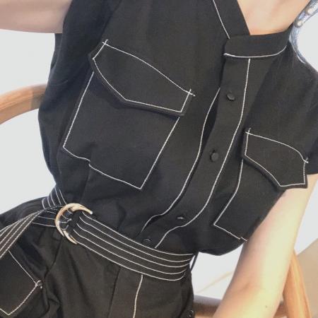 BY18422# 韩国chic夏季新款法式小众复古明线设计工装式连体裤女设计感短裤 服裝批發女裝批發服飾貨源