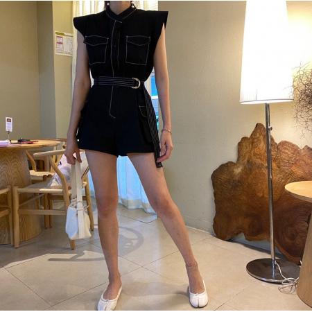 BY18422# 韩国chic夏季新款法式小众复古明线设计工装式连体裤女设计感短裤 服裝批發女裝批發服飾貨源