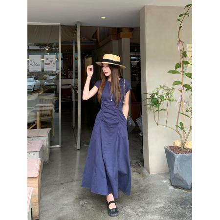 BY18423# 法式气质藏蓝色抽褶短袖连衣裙女装春季新款减龄垂感长裙 服裝批發女裝批發服飾貨源