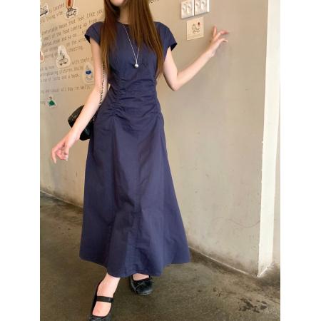 BY18423# 法式气质藏蓝色抽褶短袖连衣裙女装春季新款减龄垂感长裙 服裝批發女裝批發服飾貨源
