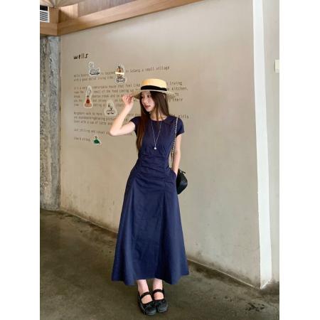 BY18423# 法式气质藏蓝色抽褶短袖连衣裙女装春季新款减龄垂感长裙 服裝批發女裝批發服飾貨源