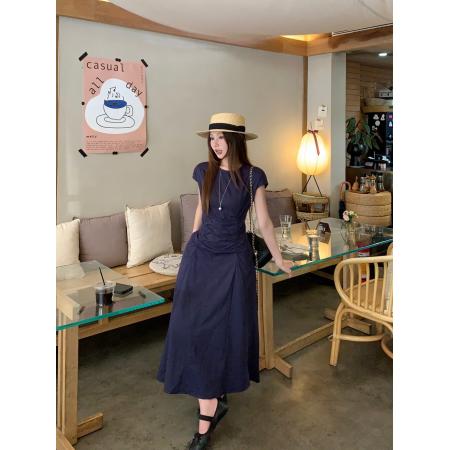 BY18423# 法式气质藏蓝色抽褶短袖连衣裙女装春季新款减龄垂感长裙 服裝批發女裝批發服飾貨源