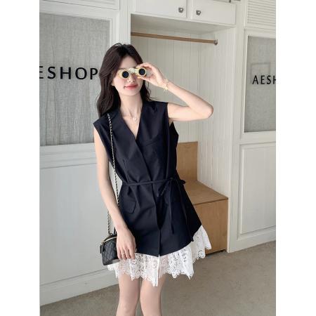 BY18424# 设计感蕾丝拼接无袖连衣裙女夏季新款气质高级感西装短裙 服裝批發女裝批發服飾貨源