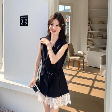 BY18424# 设计感蕾丝拼接无袖连衣裙女夏季新款气质高级感西装短裙 服裝批發女裝批發服飾貨源