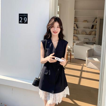 BY18424# 设计感蕾丝拼接无袖连衣裙女夏季新款气质高级感西装短裙 服裝批發女裝批發服飾貨源