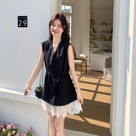 BY18424# 设计感蕾丝拼接无袖连衣裙女夏季新款气质高级感西装短裙 服裝批發女裝批發服飾貨源
