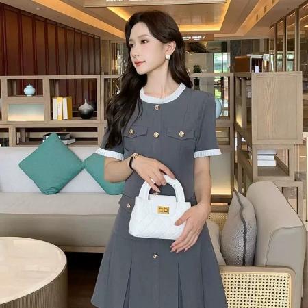 BY18426# 简约通勤气质连衣裙夏日赫本风高级撞色收腰连衣裙法式显瘦裙子 服裝批發女裝批發服飾貨源
