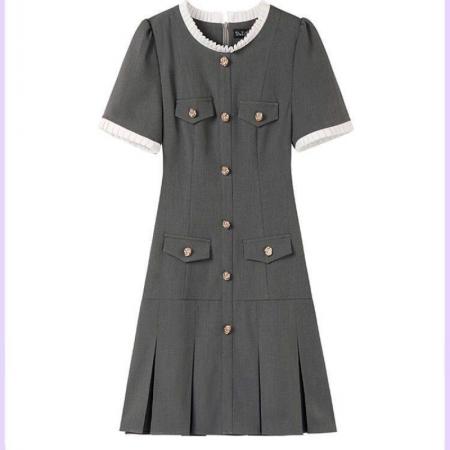 BY18426# 简约通勤气质连衣裙夏日赫本风高级撞色收腰连衣裙法式显瘦裙子 服裝批發女裝批發服飾貨源