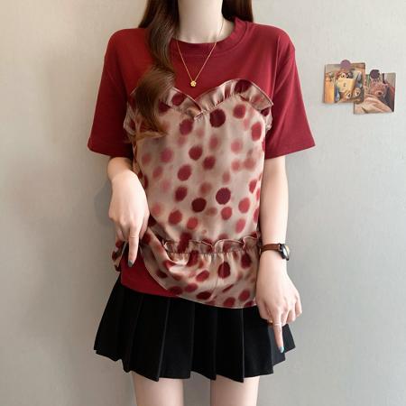 BY18427# 夏季新款大码女时尚收腰显瘦假两件拼接波点系带T恤上衣 服裝批發女裝批發服飾貨源