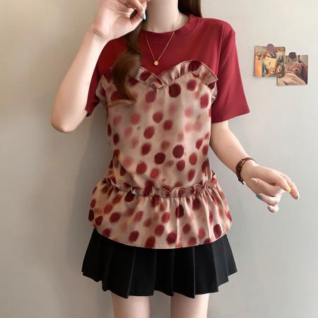 BY18427# 夏季新款大码女时尚收腰显瘦假两件拼接波点系带T恤上衣 服裝批發女裝批發服飾貨源