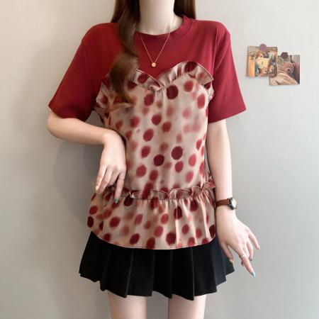BY18427# 夏季新款大码女时尚收腰显瘦假两件拼接波点系带T恤上衣 服裝批發女裝批發服飾貨源