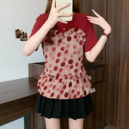 BY18427# 夏季新款大码女时尚收腰显瘦假两件拼接波点系带T恤上衣 服裝批發女裝批發服飾貨源