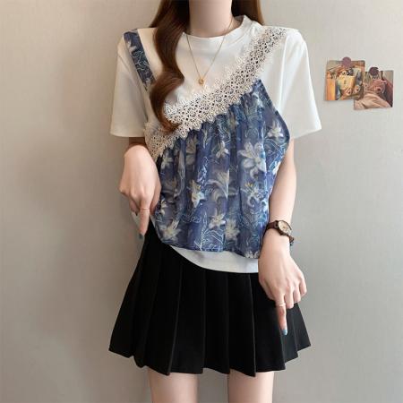 BY18428# 夏新款大码时尚减龄蕾丝拼接宽松显瘦百搭假两件T恤上衣 服裝批發女裝批發服飾貨源