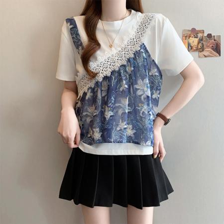 BY18428# 夏新款大码时尚减龄蕾丝拼接宽松显瘦百搭假两件T恤上衣 服裝批發女裝批發服飾貨源