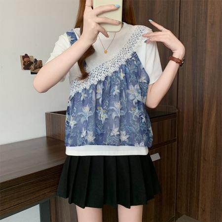 BY18428# 夏新款大码时尚减龄蕾丝拼接宽松显瘦百搭假两件T恤上衣 服裝批發女裝批發服飾貨源