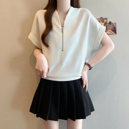 BY18430# 夏季新款大码时尚休闲百搭拉链设计宽松显瘦别致T恤上衣 服裝批發女裝批發服飾貨源