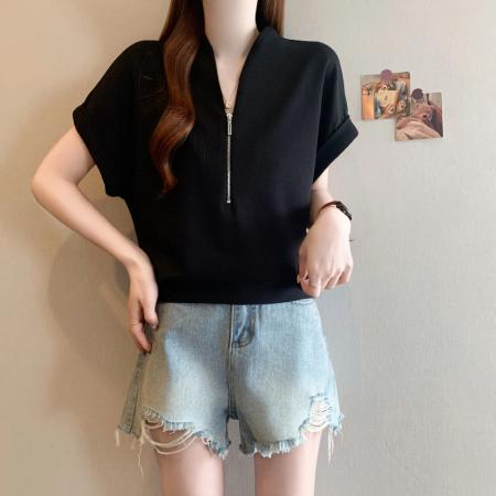 BY18430# 夏季新款大码时尚休闲百搭拉链设计宽松显瘦别致T恤上衣 服裝批發女裝批發服飾貨源