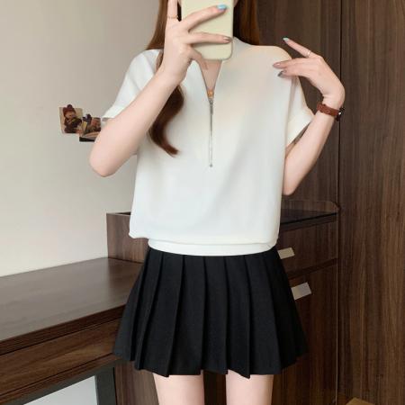 BY18430# 夏季新款大码时尚休闲百搭拉链设计宽松显瘦别致T恤上衣 服裝批發女裝批發服飾貨源