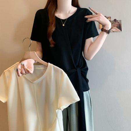 BY18431# 夏季新款大码女时尚休闲百搭不规则设计宽松显瘦T恤上衣 服裝批發女裝批發服飾貨源