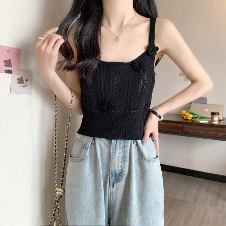 BY18432# 短款小众花朵针织吊带小背心女夏打底衫辣妹露脐外穿上衣 服裝批發女裝批發服飾貨源