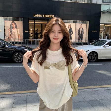 BY18436# 韩系宽松显瘦蝴蝶结印花肤感棉质圆领短袖T恤女 服裝批發女裝批發服飾貨源