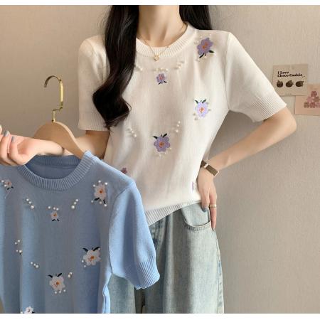 BY18437# 慵懒风刺绣钉珠花朵针织衫女夏季修身短款短袖薄款上衣女 服裝批發女裝批發服飾貨源