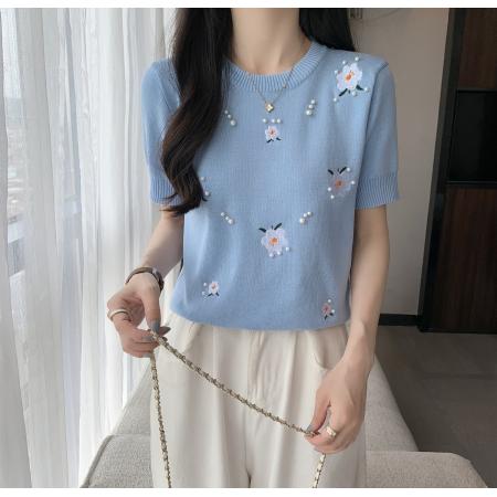 BY18437# 慵懒风刺绣钉珠花朵针织衫女夏季修身短款短袖薄款上衣女 服裝批發女裝批發服飾貨源