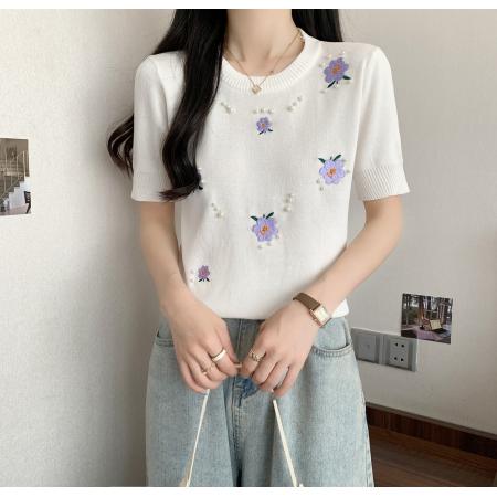 BY18437# 慵懒风刺绣钉珠花朵针织衫女夏季修身短款短袖薄款上衣女 服裝批發女裝批發服飾貨源