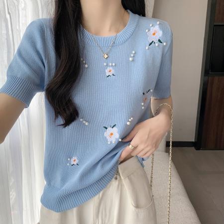 BY18437# 慵懒风刺绣钉珠花朵针织衫女夏季修身短款短袖薄款上衣女 服裝批發女裝批發服飾貨源