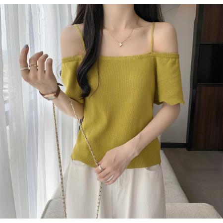 BY18440# 荷叶边一字领露肩吊带上衣女夏季法式短袖T恤针织衫 服裝批發女裝批發服飾貨源