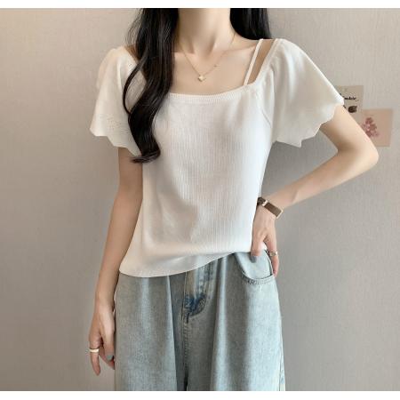 BY18440# 荷叶边一字领露肩吊带上衣女夏季法式短袖T恤针织衫 服裝批發女裝批發服飾貨源