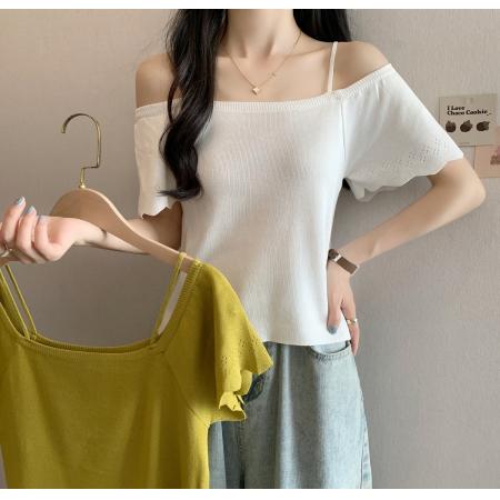 BY18440# 荷叶边一字领露肩吊带上衣女夏季法式短袖T恤针织衫 服裝批發女裝批發服飾貨源